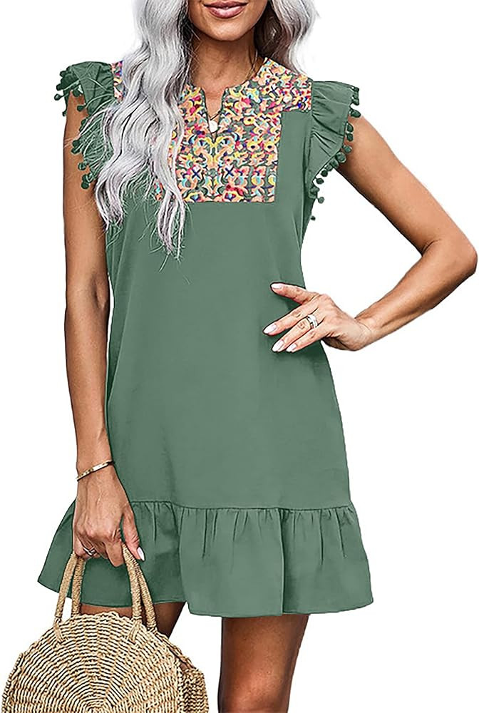 KIRUNDO 2023 Women's Mini Dress Casual V Neck Floral Embroidered Ruffle Sleeveless Shift Dress Fl... | Amazon (US)