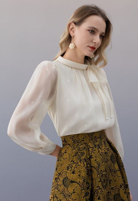 Self-Tie Bowknot Sequin Accent Top in Cream for Evening Events & Romantic Dates | Chicwish