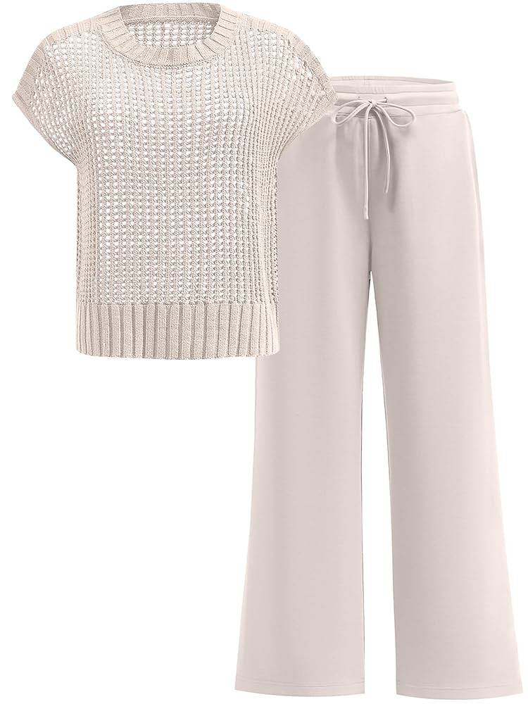 Women Two Piece Outfits Crochet Sheer Knit Sweater Top Wide Leg Pants Lounge Matching Sets Sweats... | Amazon (US)