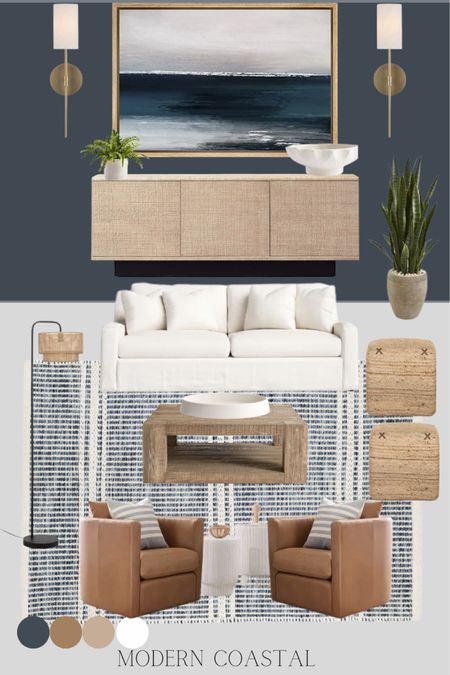 Modern coastal living room design idea 

Pottery barn coffee table, Crate and Barrel couch, leather swivel chairs 

#LTKFind #LTKhome #LTKstyletip