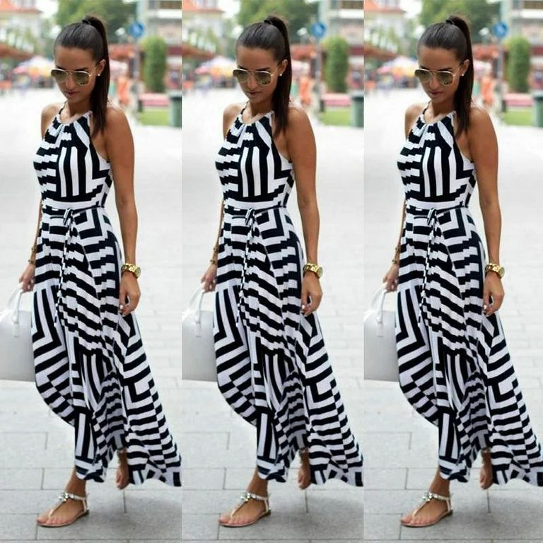 Women Casual Slim Black White Striped Maxi Dress Chiffon Sleeveless Halter Neck Elegant Dress | Walmart (US)