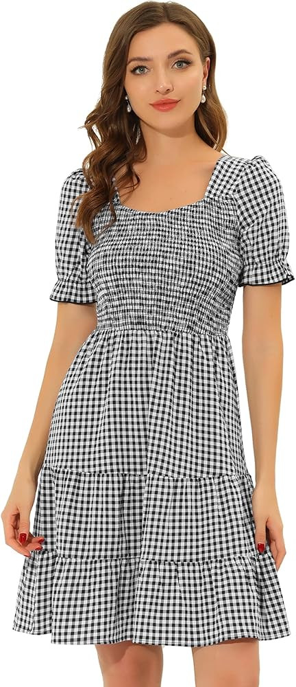 Allegra K Women's Plaid Gingham Square Neck Ruffles Tiered Smocked Puff Sleeve Dress | Amazon (US)