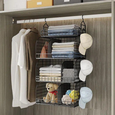 Hanging Closet Organizer Storage - 4 Tier Stackable Hanging Closet Shelves With Dividers And S Hooks, Foldable Clothes Shelves,Black | Wayfair North America