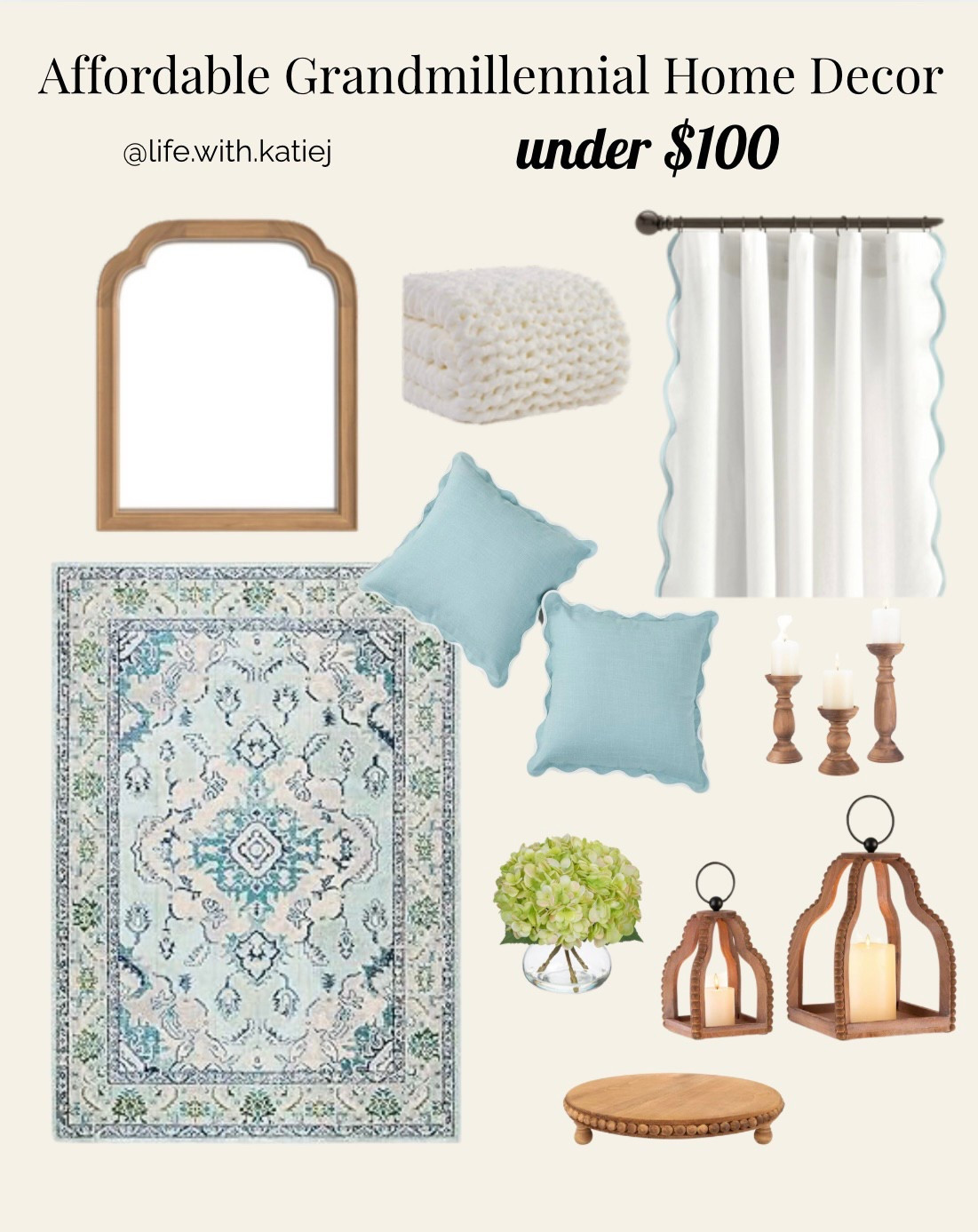 Grand millennial. Grand millennial decor. Home decor. Green and blue. Modern farmhouse. Rustic. Preppy. Scalloped. Area rug. Lantern. Home inspiration. Living room decor. Family room decor. Home design. 

#LTKFindsUnder100 #LTKHome