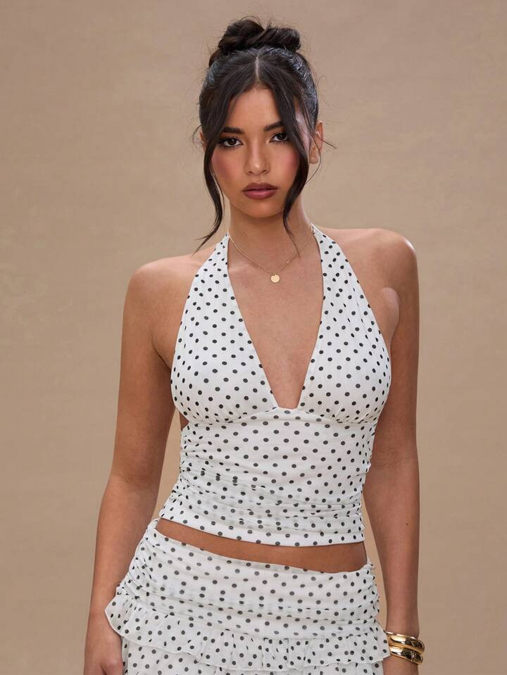 SHEIN BAE Women's Polka Dot Print Plunging Neck Backless Tank Top,Rave Top | SHEIN