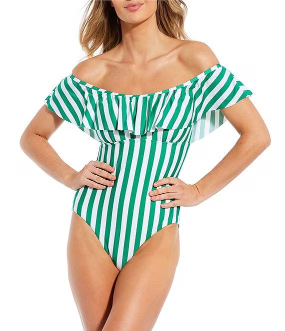 Off Shore Striped Ruffle Off-The-Shoulder One Piece Swimsuit | Dillard's