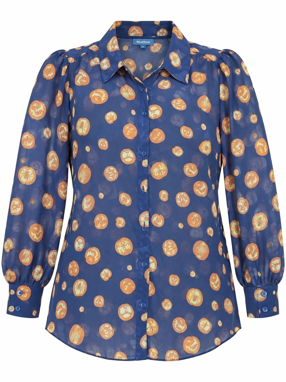 MODCLOTH | Navy Halloween Jack-O-Lantern Pumpkin Print Sheer Blouse | XL | Poshmark