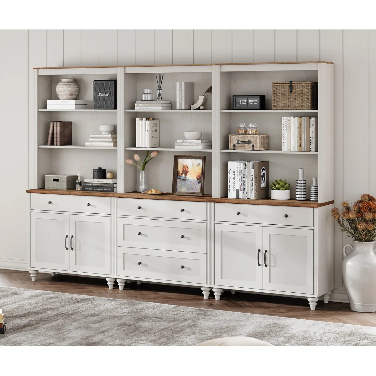 Scarlett 72.1"H X 101.6"W Bookcase With 5 Drawers And 2 Cabinets, Tall Book Case With 3-Tier Open... | Wayfair North America