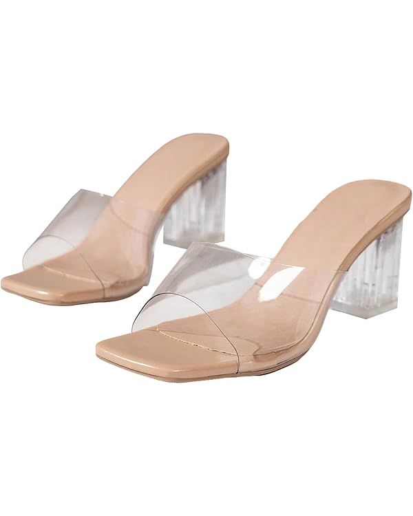 OYOANGLE Women's Clear Single Band Mid Block Heeled Sandals Square Open Toe Transparent Heel Sand... | Amazon (US)