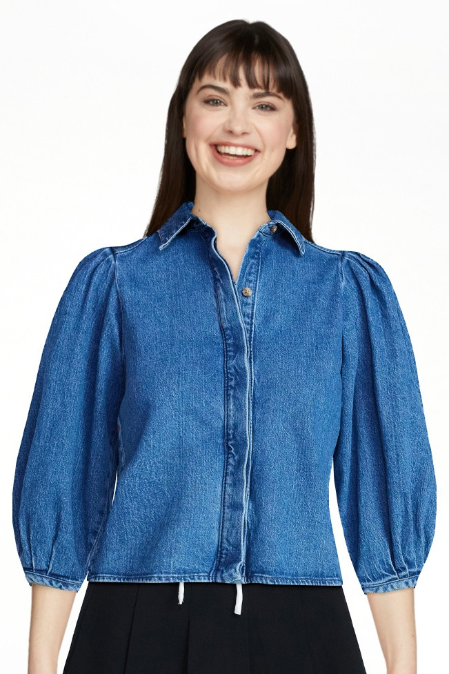 Scoop Women’s Denim Shirt with 3/4 Length Puff Sleeves, Sizes XS-XXL | Walmart (US)