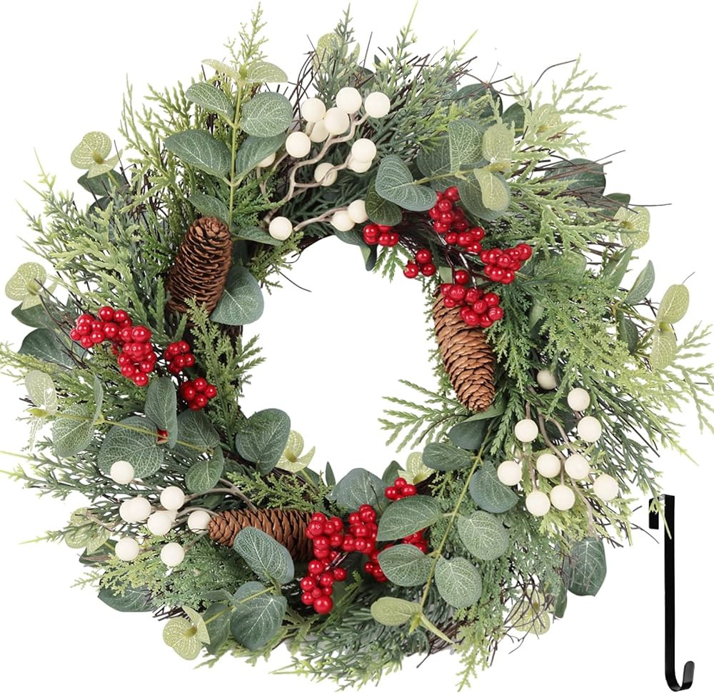 Christmas Wreath, Xmas Door Wreath with Hanger, Christmas Decor Winter Wreath with Red White Berr... | Amazon (US)