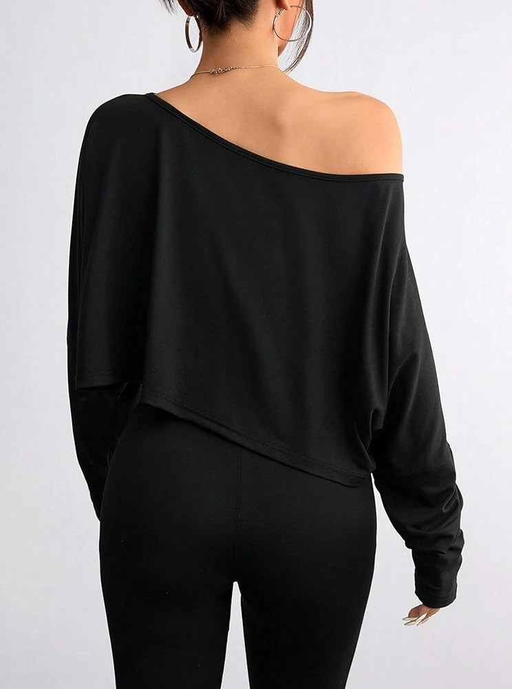 Hilinker Womens Off Shoulder Long Sleeve Crop Tops Sexy Boat Neck Loose Casual T Shirt | Amazon (US)
