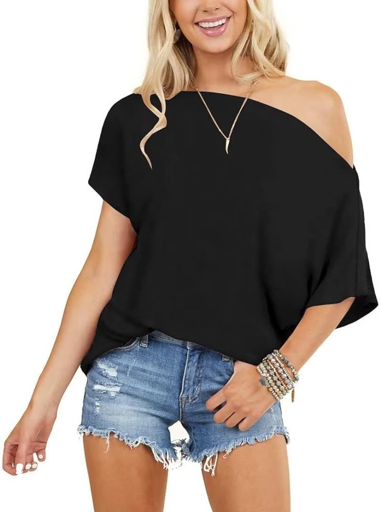 LEEDYA Womens Off The Shoulder Tops Summer Batwing Short Sleeve Shirt Loose Fit Tunics Blouses | Amazon (US)