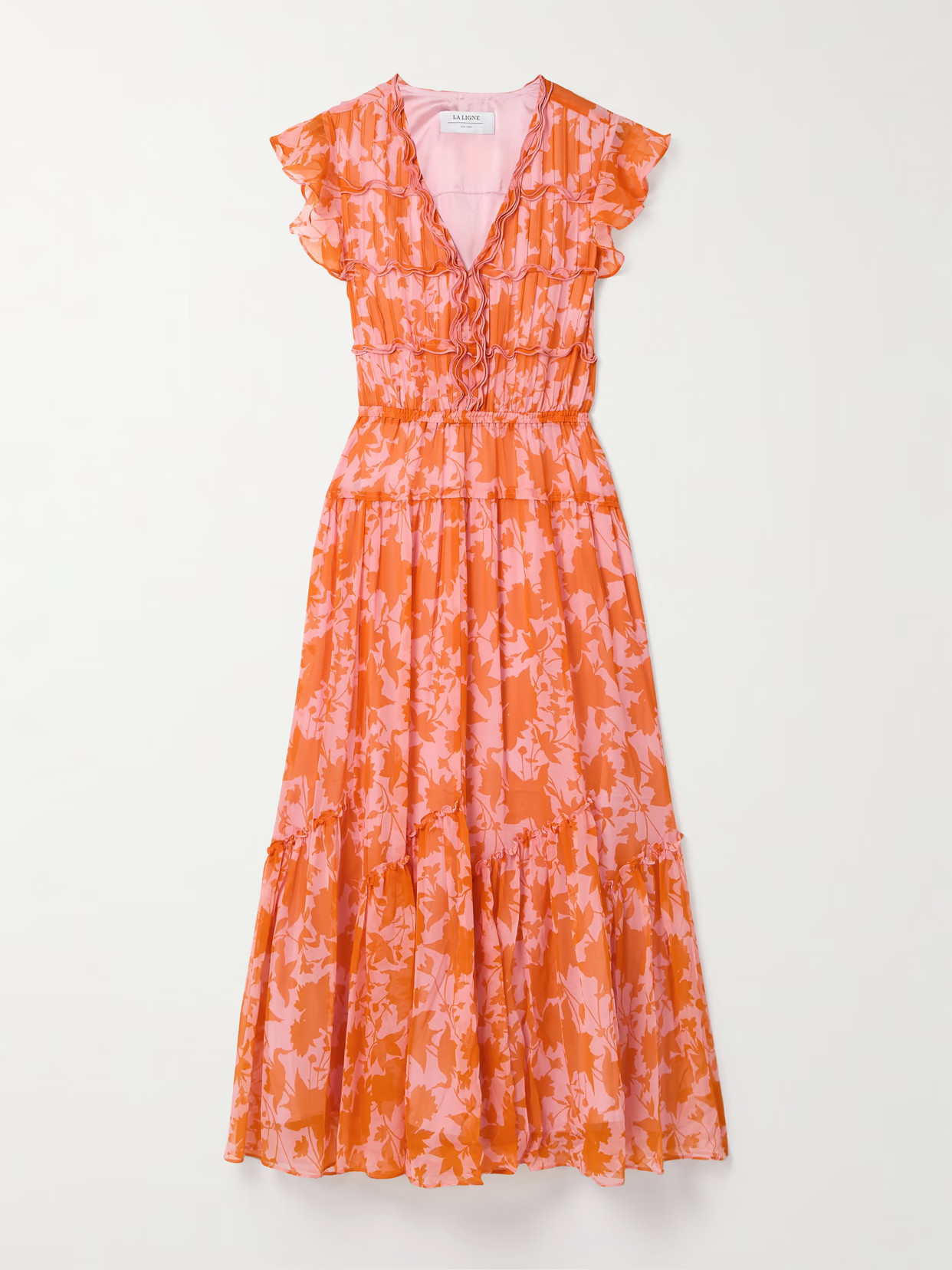 La Ligne - Olympia Pintucked Ruffled Floral-print Silk-chiffon Midi Dress - Orange | NET-A-PORTER (US)