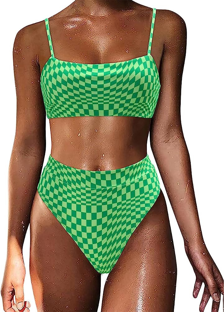 MOSHENGQI Women High Wasited Bikini Shoulder Strap 2 Piece High Cut String Swimsuits | Amazon (US)
