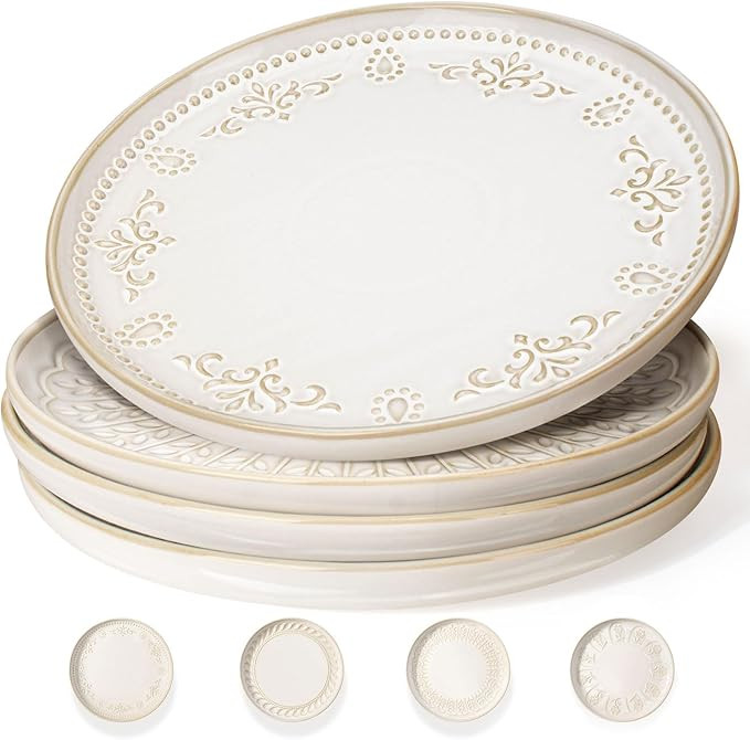Artena Large Ceramic Dinner Plates Set Of 4, 10.75 Inch Embossed Kitchen Salad Plates, Modern Ser... | Amazon (US)