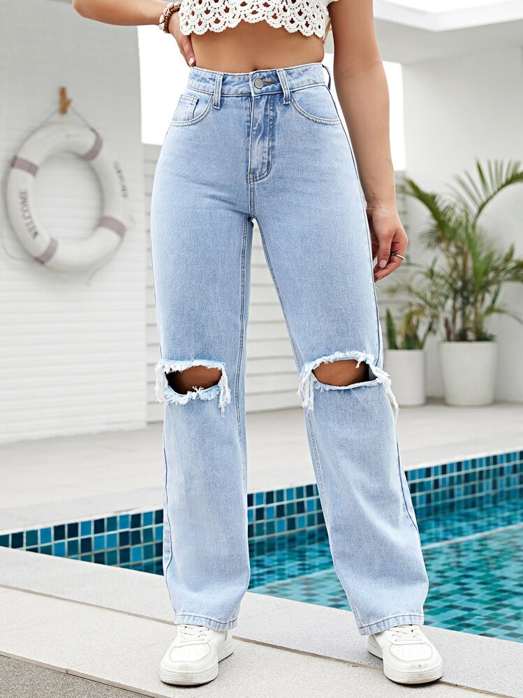 SHEIN VCAY High Waist Ripped Straight Leg Jeans,Ladies Casual Pocket,Ripped,Zipper Natural Straight Leg Long Light Wash Regular Fit Women Jeans,Spring/Fall,Casual Daily Wear | SHEIN