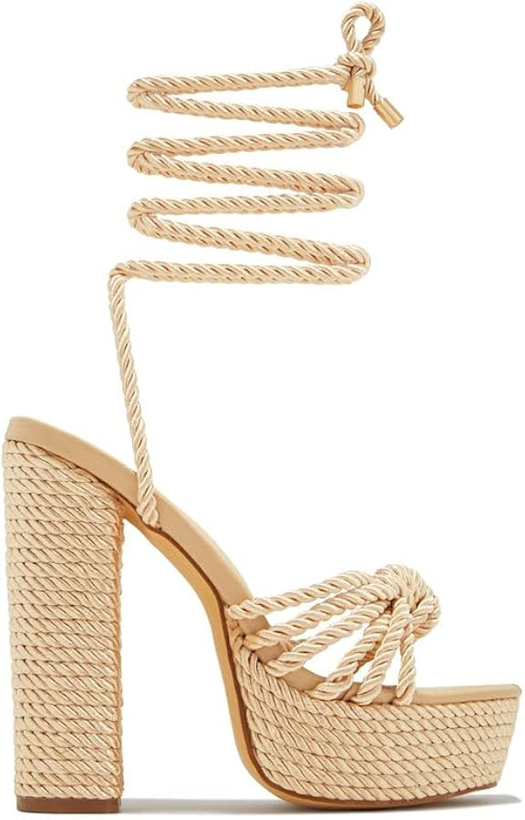 Liliana Women's Round Toe Rope Lace Up Platform Block High Heels | Amazon (US)