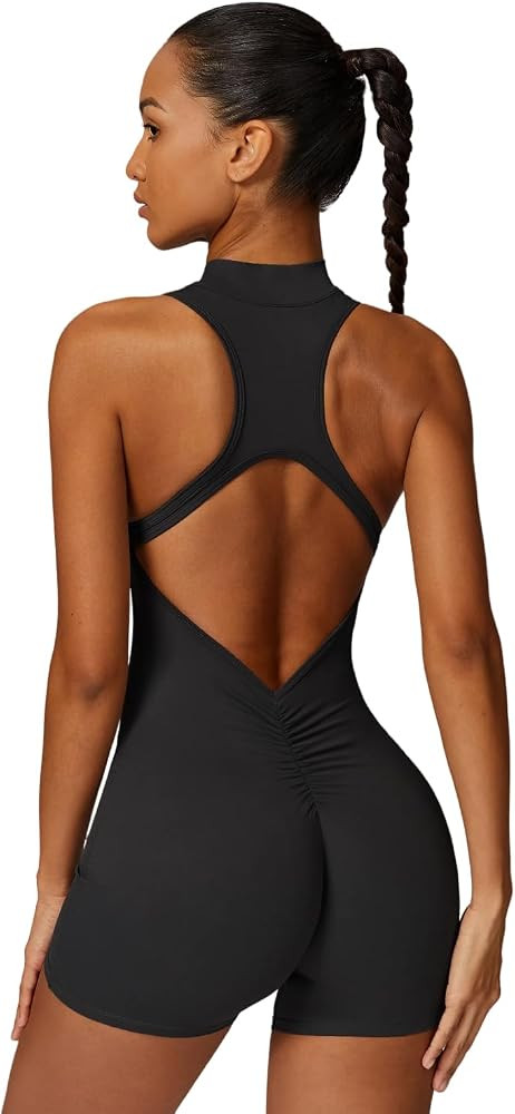 Sleeveless Workout Jumpsuit for Women Zip Up Romper Shorts V Back Scrunch Sexy One Piece | Amazon (US)