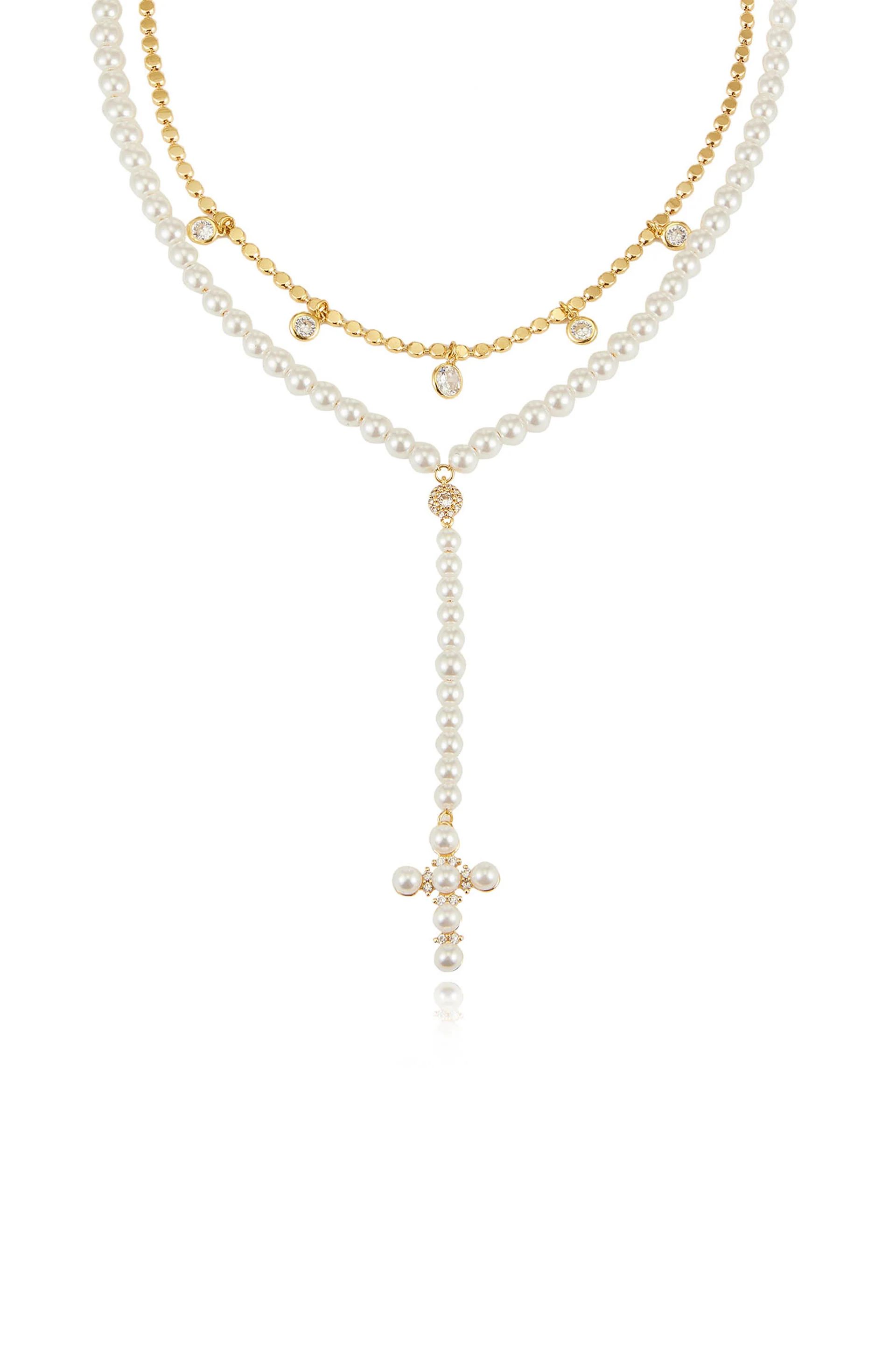 Pearl Cross Drop Lariat 18k Gold Plated Necklace Set | Ettika