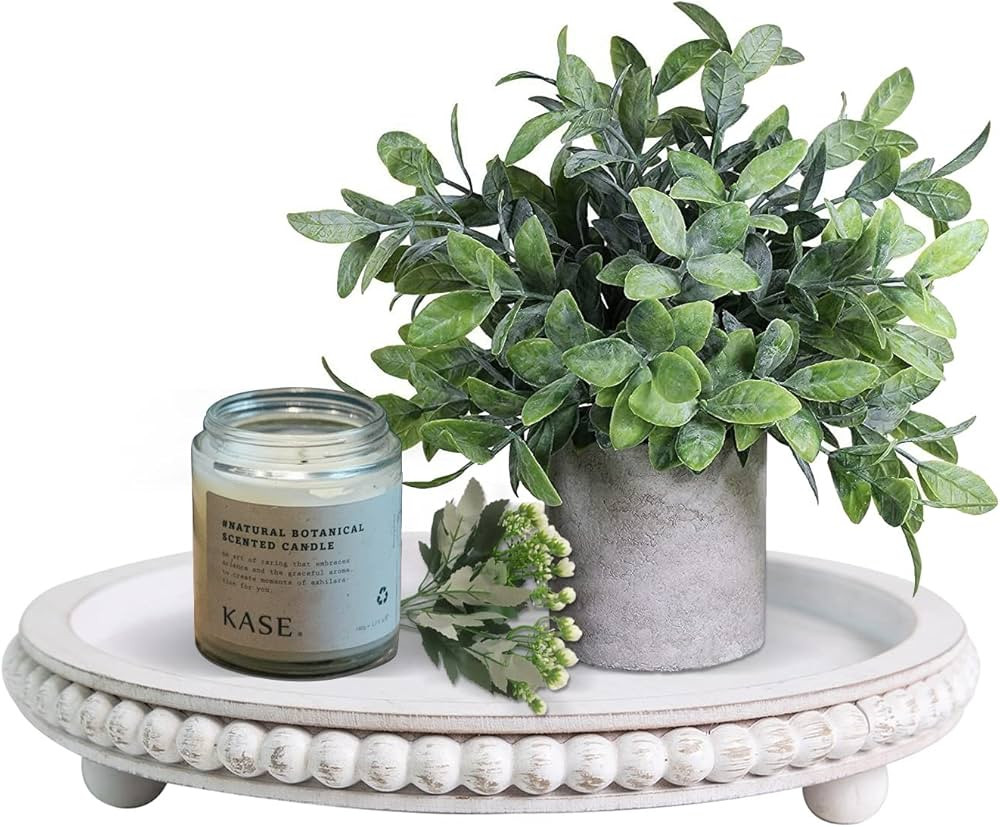 12in Round Wood Beaded Tray - White, Distressed, Farmhouse Rustic - Decorative Tray for Living Ro... | Amazon (US)