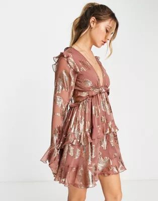 ASOS DESIGN tiered ruffle floral jaquard mini dress with ruffle detail skirt | ASOS (Global)