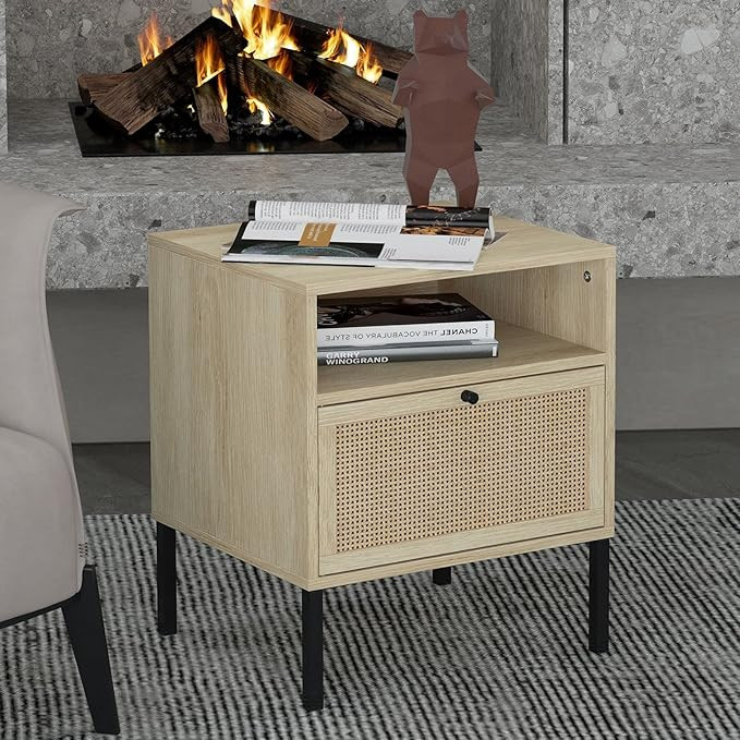 Recaceik Rattan Nightstand Side Table with Unique Wicker Shelf Storage Door Mid Century Elegant S... | Amazon (US)