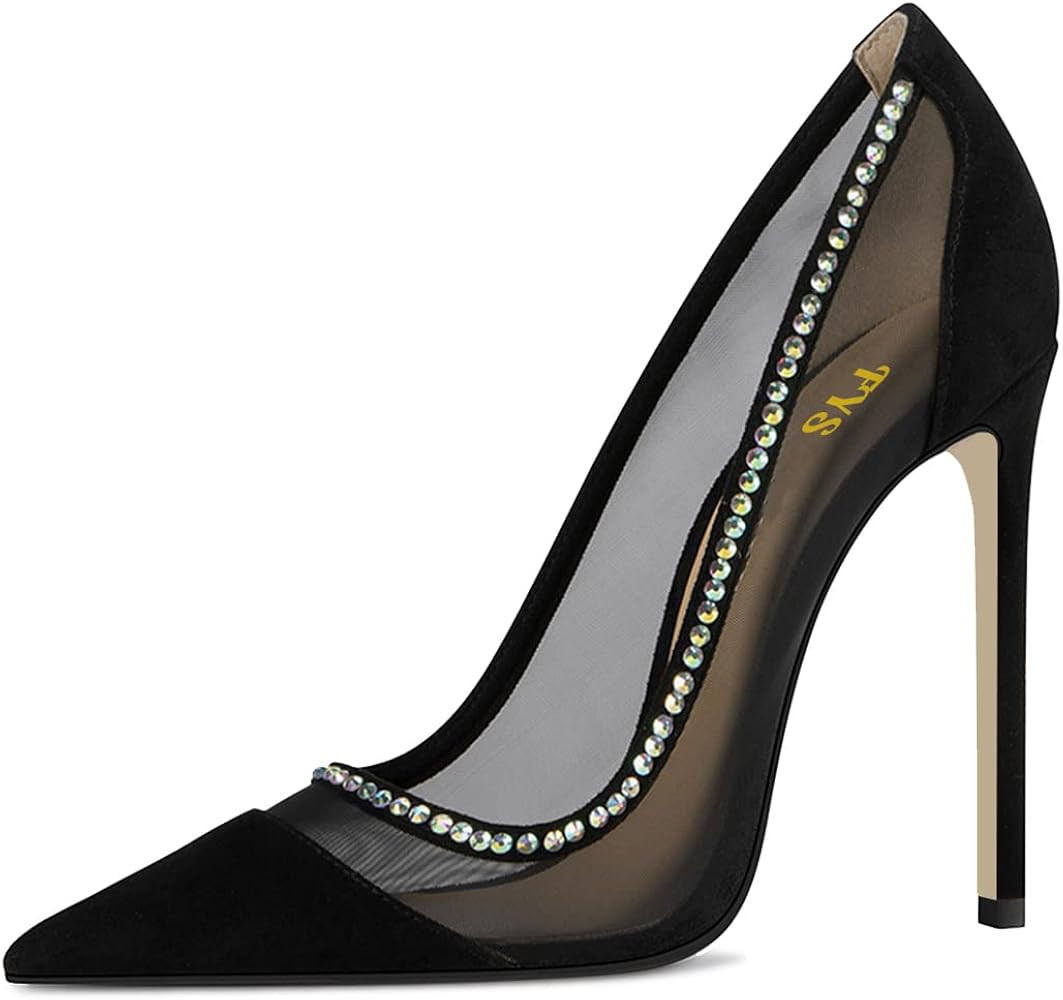 FYS Women Transparent Mesh Pointed Toe Slip on Stiletto High Heel Pumps Studded Rhinestones Lines... | Amazon (US)