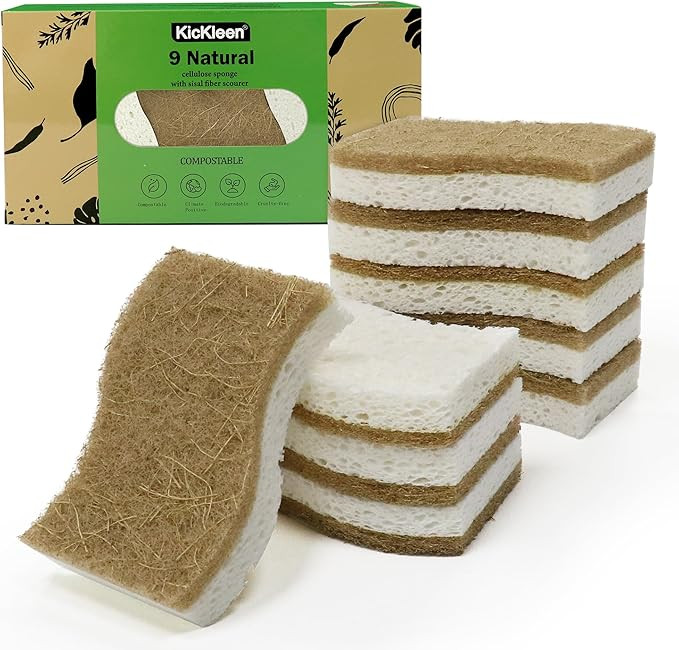 9 Pack Biodegradable Natural Kitchen Sponge - Compostable Cellulose and Coconut Walnut Scrubber S... | Amazon (US)
