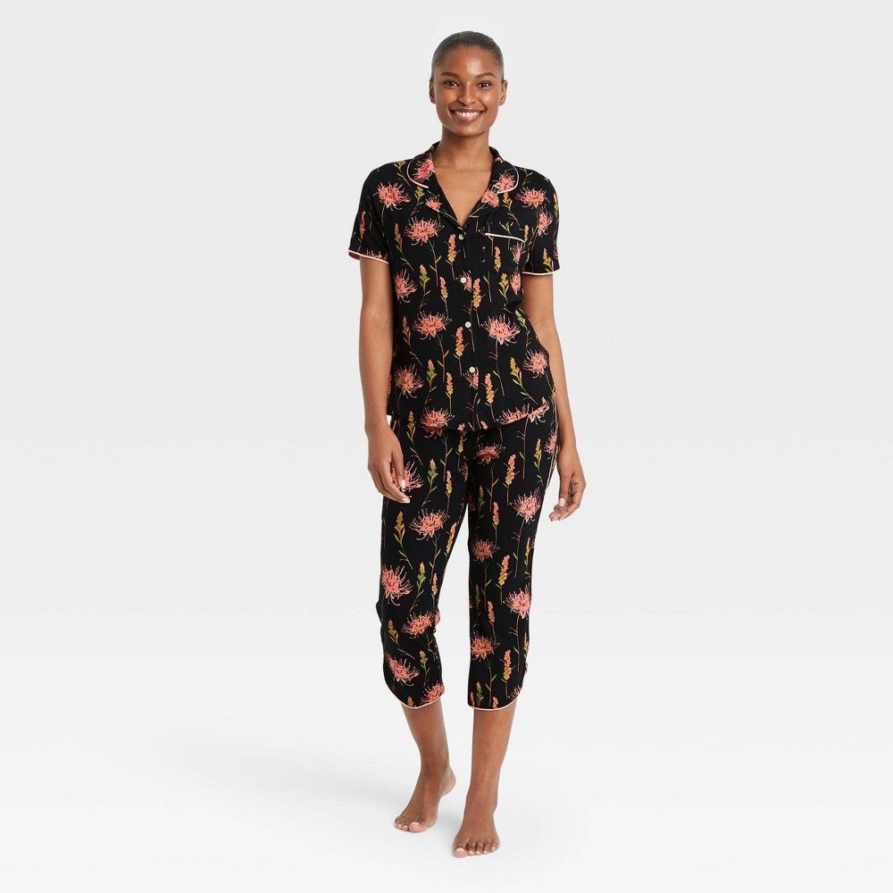 Women's Floral Print Beautifully Soft Notch Collar Cropped Pajama Set - Stars Above Black L | Target