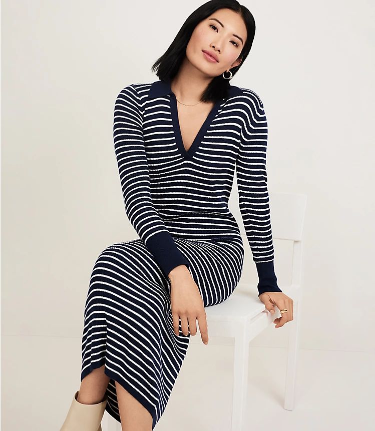 Stripe Ribbed Collared Midi Dress | LOFT