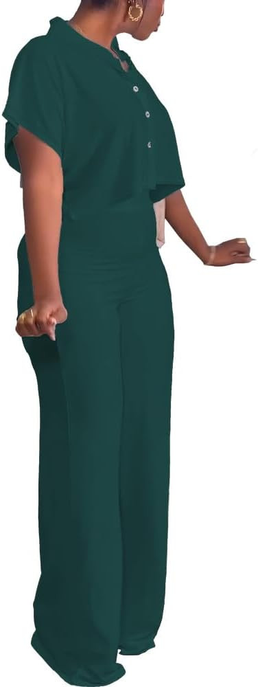 HBQ Women's Summer 2 Piece Outfits Casual Tracksuit Short Sleeve Button Down Crop Top Wide Leg Lo... | Amazon (US)