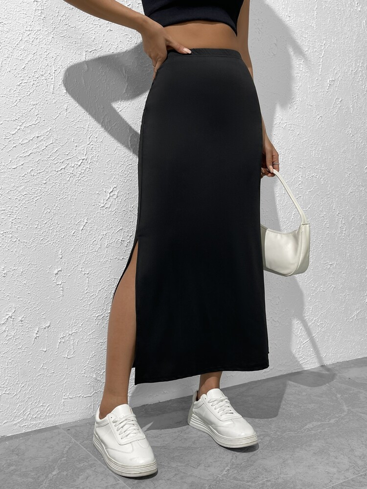 SHEIN EZwear Solid Split Thigh Skirt | SHEIN