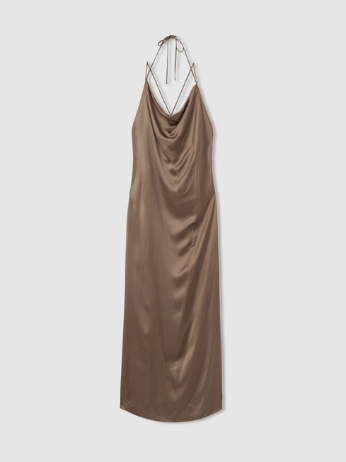 Satin Cowl Neck Maxi Dress in Mink | Reiss UK