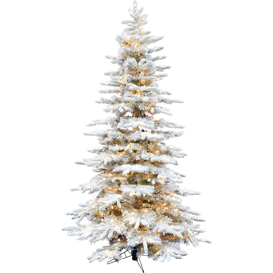 Fraser Hill Farm 7.5-Ft. Pine Valley Flocked Christmas Tree, Snowy Xmas Tree with White Incandesc... | Amazon (US)
