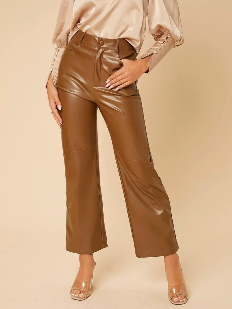 SHEIN PETITE Solid High Waist Straight Leg PU Leather Pants | SHEIN