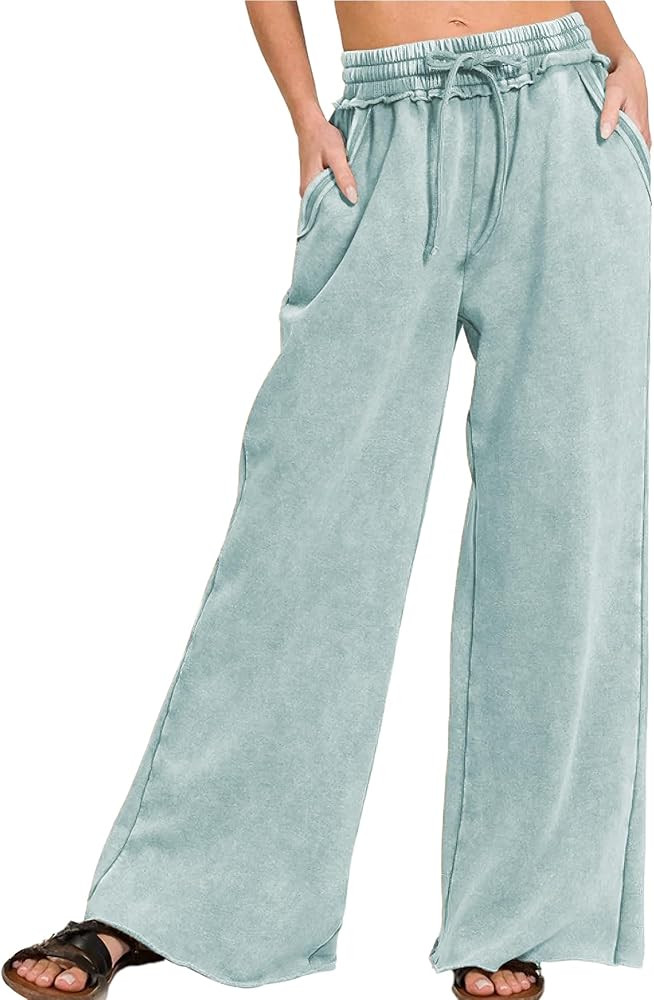 Ainangua Women Acid Wash Palazzo Sweatpants Casual High Waist Drawstring Wide Leg Pants Baggy Fle... | Amazon (US)