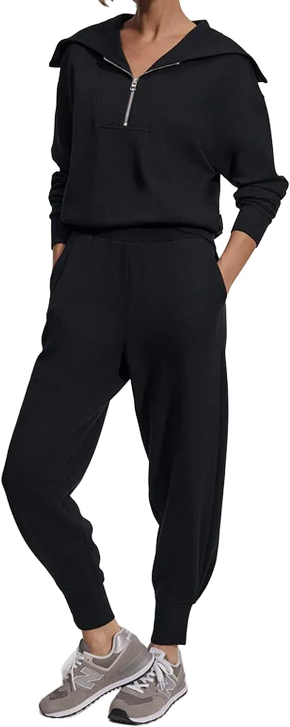SAFRISIOR Women Two Piece Outfits Tracksuit Half Zip Lapel Long Sleeve Sweatshirt Cinch Bottom Sw... | Amazon (US)