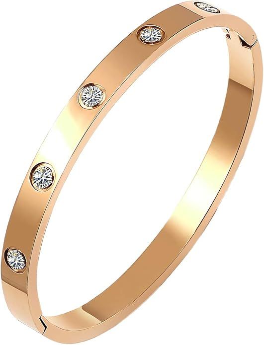 LISBLIER Classic Jewelry Gold Plated Bangle Bracelets,Stainless Steel with Crystal Cuff Bangle Br... | Amazon (US)