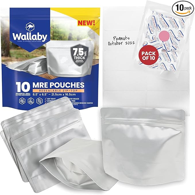 Wallaby MRE Mylar Bag Bundle - 10x (7.5 Mil - 6.5" x 8.5’’) Stand-Up Zipper Pouches, 10x 400c... | Amazon (US)