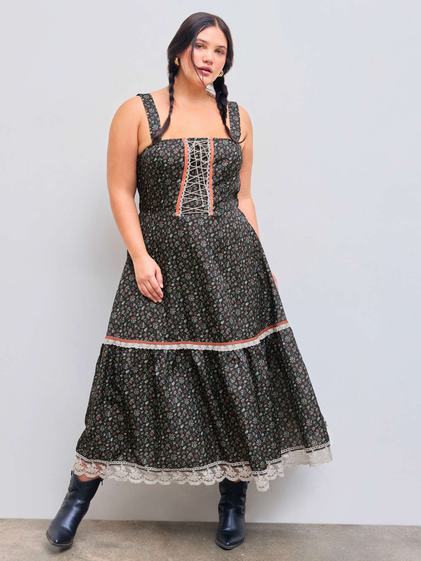 Square Neck Floral Lace Up Ruffle Tiered Maxi Dress Curve & Plus | Cider