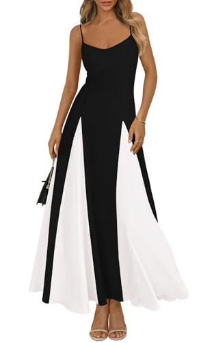 PRETTYGARDEN Women's 2026 Summer Spaghetti Strap Maxi Dress Stretch Bodycon Dress Color Block Fit and Flare Long Dresses (Black White, Medium) | Amazon (US)