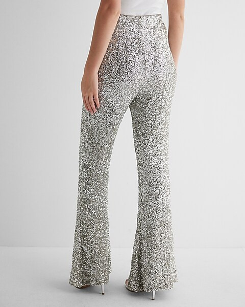 Super High Waisted Sequin Wide Flare Pant | Express