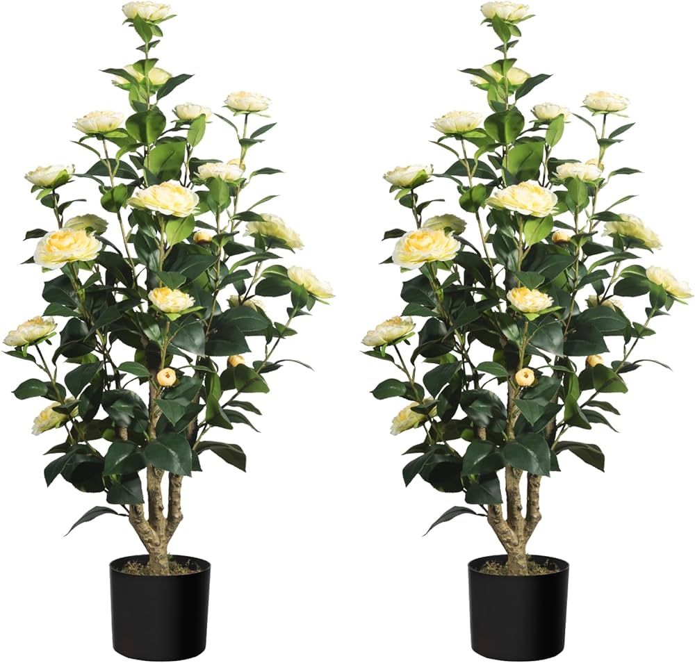 2Pack Artificial Camellia Tree 3FT, Yellow Faux Camellia Plant Fake Potted Camellia Flower Tree P... | Amazon (US)