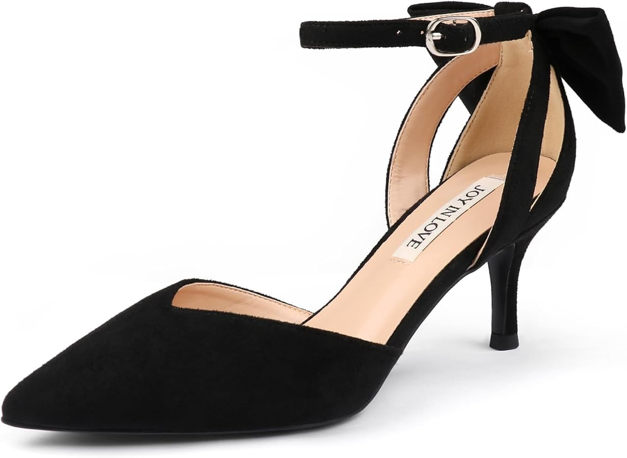 JOY IN LOVE Women's Pumps Kitten Bow Heels Closed Pointed Toe Sandals Ankle Strap Dress Shoes | Amazon (US)