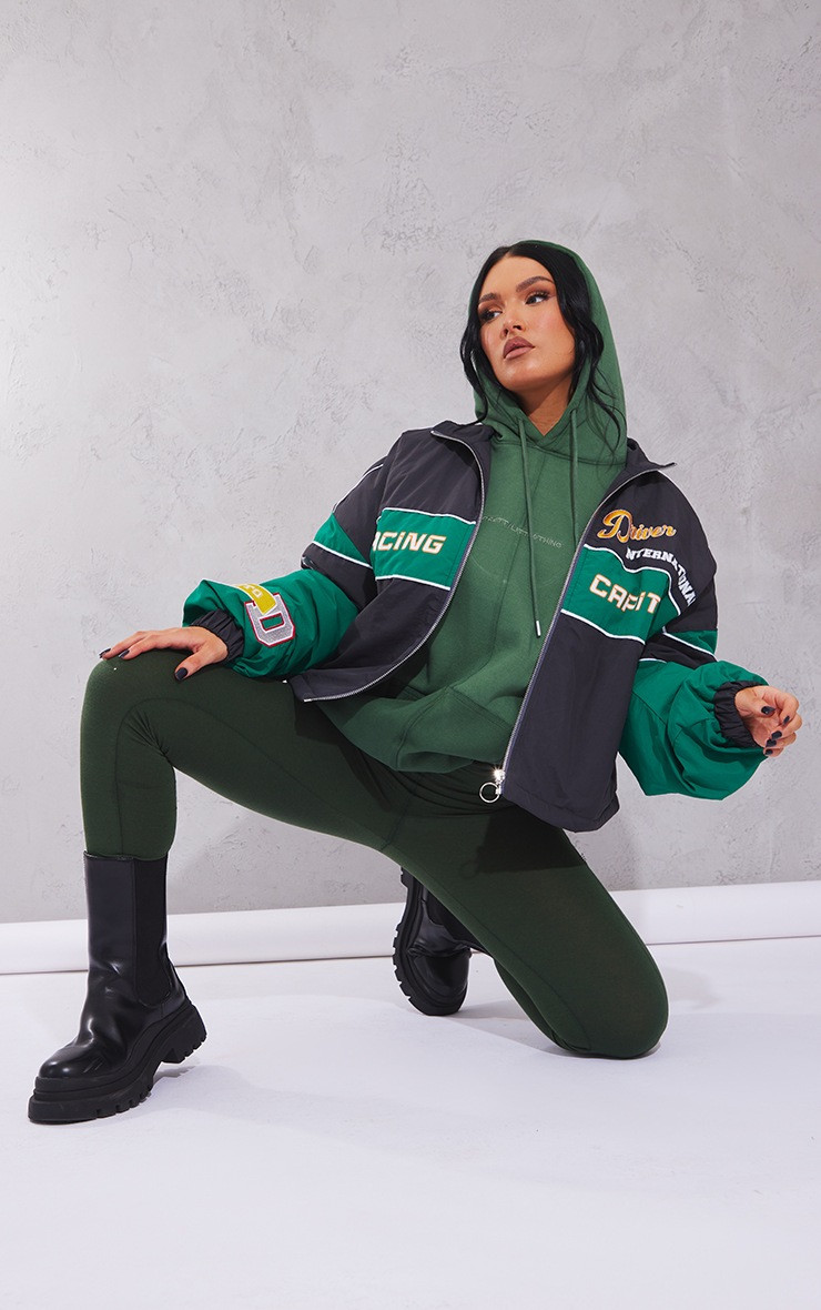 Green Oversized Graphic Zipped Racer Bomber Jacket | PrettyLittleThing US