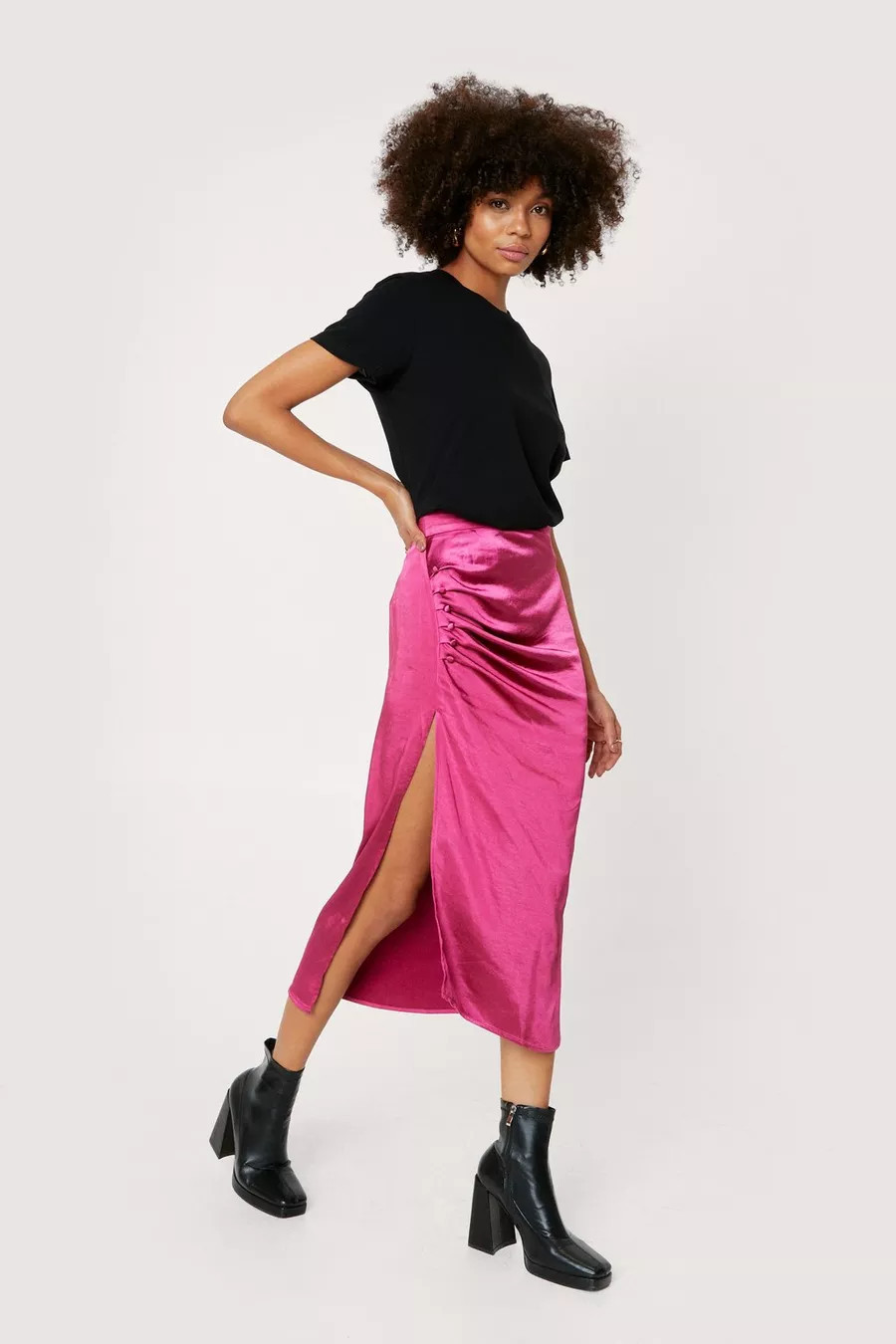 Ruched Button Detail Satin Midi Skirt | Nasty Gal UK (+IE)