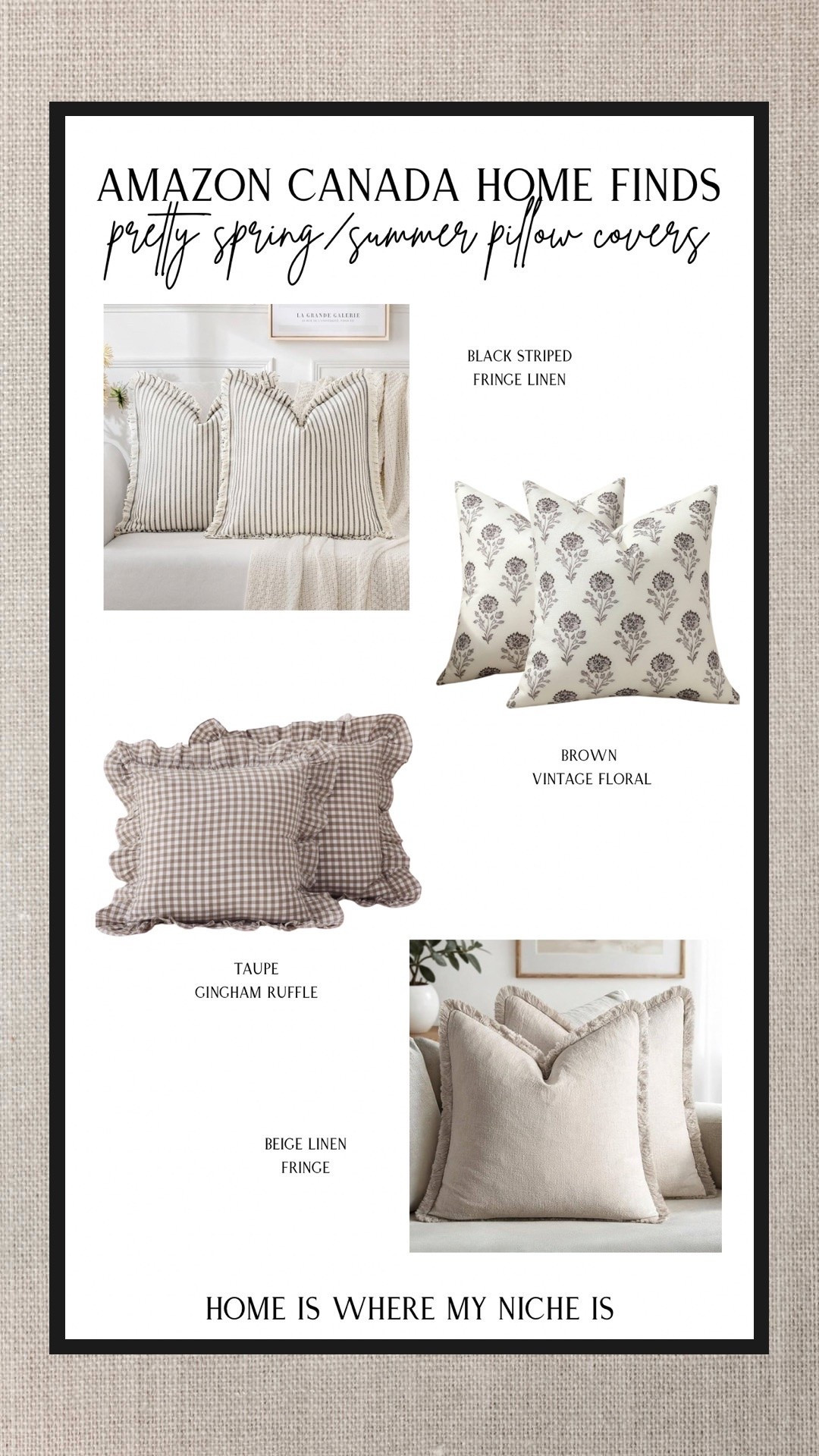 Pretty spring/summer pillow covers giving that designer-inspired look without the designer price.

Soft neutrals, subtle patterns, linen textures & all the cozy elevated vibes. These are the kind of pieces that instantly refresh a space for the season without needing a full decor swap.

I can’t stop thinking about the taupe gingham ruffle — so good for spring/summer styling. Which one is your favourite?

Amazon Canada

#LTKcanada #LTKsummer #LTKhome