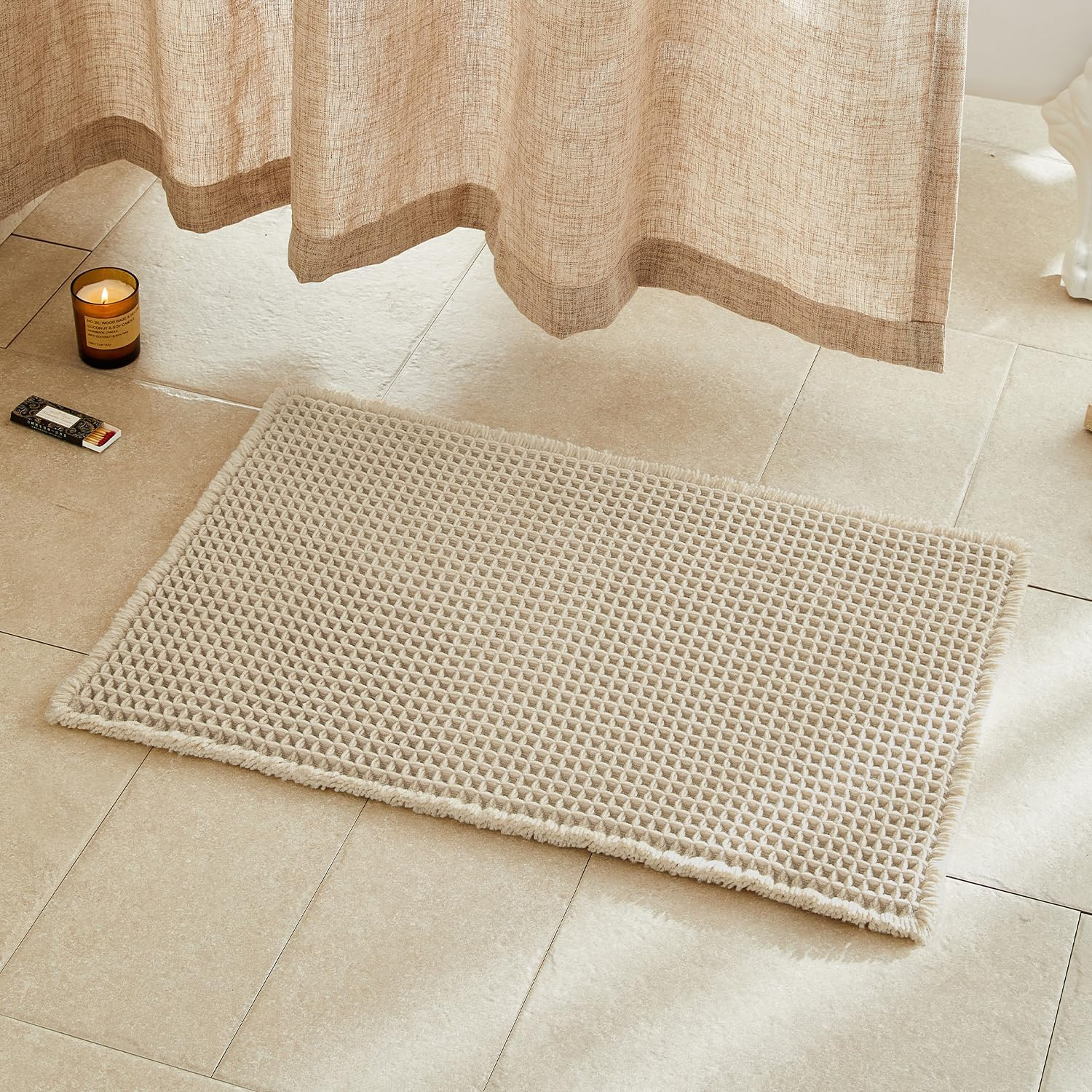 Waffle Bath Mat, Boho Bathroom Rugs Non Slip, 30x20 Pale Beige | Amazon (US)