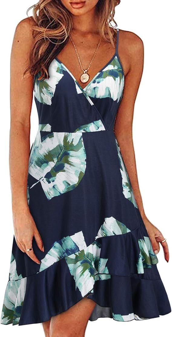 ULTRANICE Womens Summer Floral Wrap V Neck Adjustable Spaghetti Casual Ruffle Dress | Amazon (US)